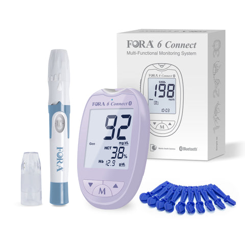 FORA 6 Connect | All-in-One Health Meter for the Family | Blood Glucose, Ketone, Cholesterol, Uric Acid, Hemoglobin, Hematocrit Tests | Bluetooth E-Diary | Family Care | Lavender Purple| Without Test Strips