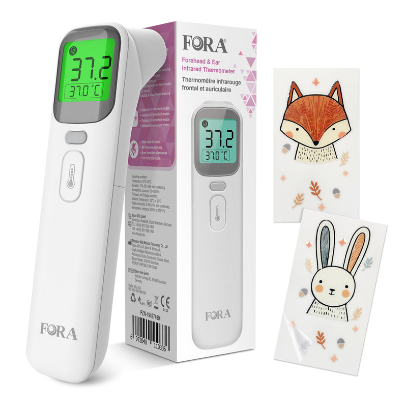 FORA Ear & Forehead Thermometer - Multi-Function Thermometer with Color-Coded Fever Indicator, Silent Mode, Memory Function, 4-Color Backlight - Hygienic & Compact, Perfect for Hardworking Moms