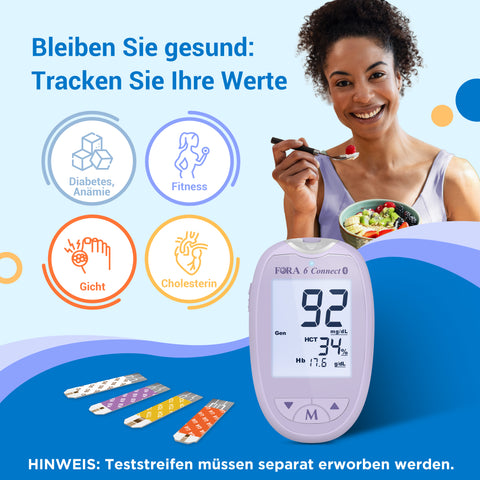 FORA 6 Connect | All-in-One Health Meter for the Family | Blood Glucose, Ketone, Cholesterol, Uric Acid, Hemoglobin, Hematocrit Tests | Bluetooth E-Diary | Family Care | Lavender Purple| Without Test Strips