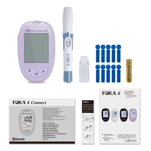 FORA 6 Connect | All-in-One Health Meter for the Family | Blood Glucose, Ketone, Cholesterol, Uric Acid, Hemoglobin, Hematocrit Tests | Bluetooth E-Diary | Family Care | Lavender Purple| Without Test Strips