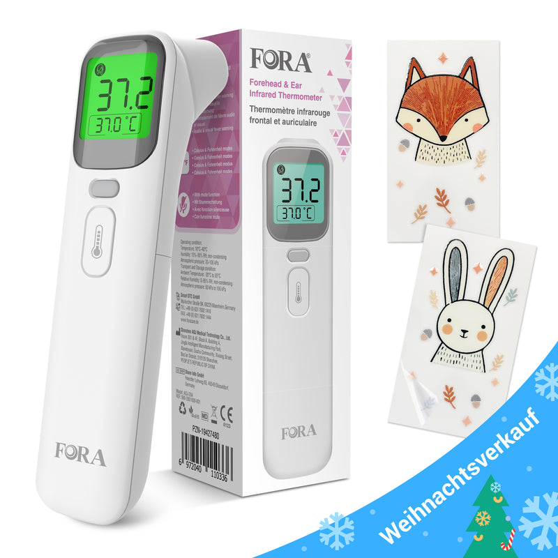 FORA Ear & Forehead Thermometer - Multi-Function Thermometer with Color-Coded Fever Indicator, Silent Mode, Memory Function, 4-Color Backlight - Hygienic & Compact, Perfect for Hardworking Moms