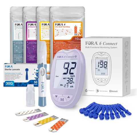 FORA 6 Connect | All-in-One Health Meter for the Family | Blood Glucose, Ketone, Cholesterol, Uric Acid, Hemoglobin, Hematocrit Tests | Bluetooth E-Diary | Family Care | Lavender Purple